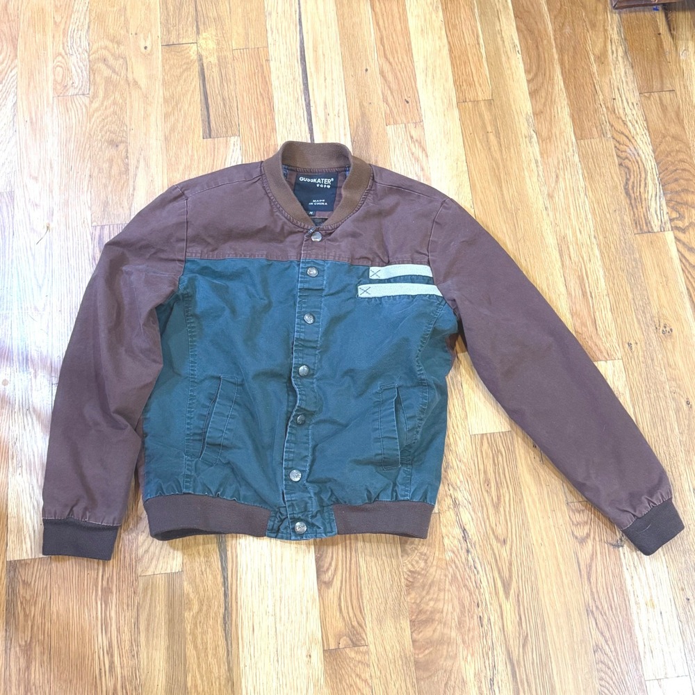 Gusskater Mens Colorblock Bomber Jacket Brown Green Snap Front Size M